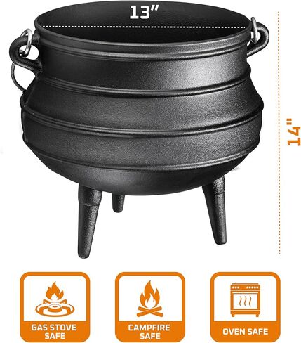 Cauldron من الحديد الزهر Bruntmor - وعاء بوتجي أفريقي مع غطاء - 3 أرجل حتى لتوزيع الحرارة - أدوات طبخ الفرن الهولندية للتخييم للطهي فوق النار - 10 كوارت (X -Large) in Kuwait