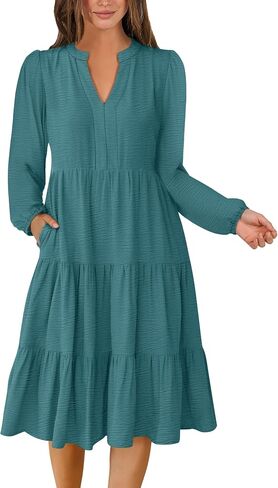 ANRABESS Womens Fall Midi Dresses Long Sleeve V Neck Swing Tiered Work Business Casual 2025 Flowy Beach Vacation Dress in Saudi Arabia