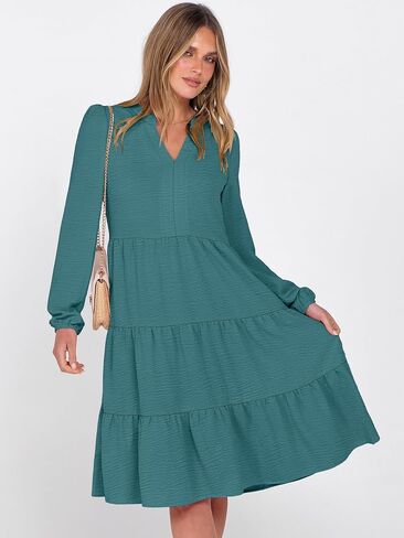 ANRABESS Womens Fall Midi Dresses Long Sleeve V Neck Swing Tiered Work Business Casual 2025 Flowy Beach Vacation Dress in Saudi Arabia