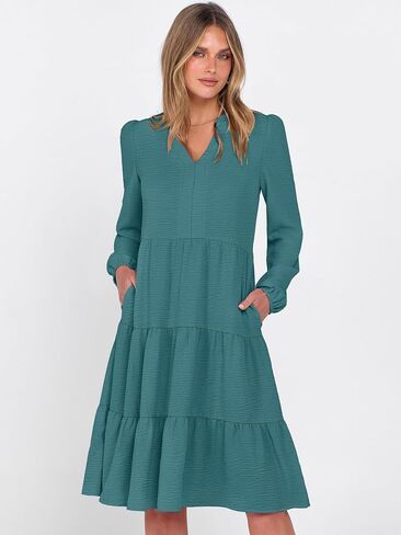 ANRABESS Womens Fall Midi Dresses Long Sleeve V Neck Swing Tiered Work Business Casual 2025 Flowy Beach Vacation Dress in Saudi Arabia