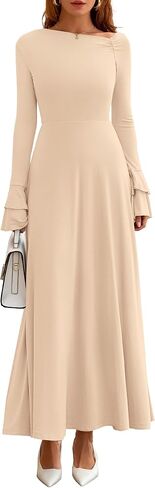 PRETTYGARDEN Womens Dresses Formal Off The Shoulder Long Sleeve Ruched Knit A-Line Maxi Wedding Guest Dress Fall Clothes in Saudi Arabia