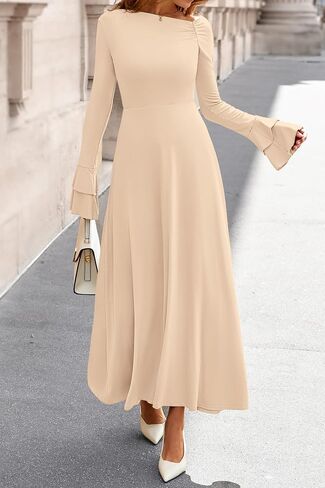 PRETTYGARDEN Womens Dresses Formal Off The Shoulder Long Sleeve Ruched Knit A-Line Maxi Wedding Guest Dress Fall Clothes in Saudi Arabia