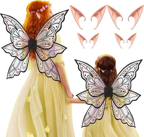 2 Set Halloween Glitter Fairy Wings Mum Daughter Butterfly Wing with Elf Ears Fairy Costume for Girl Women in Saudi Arabia