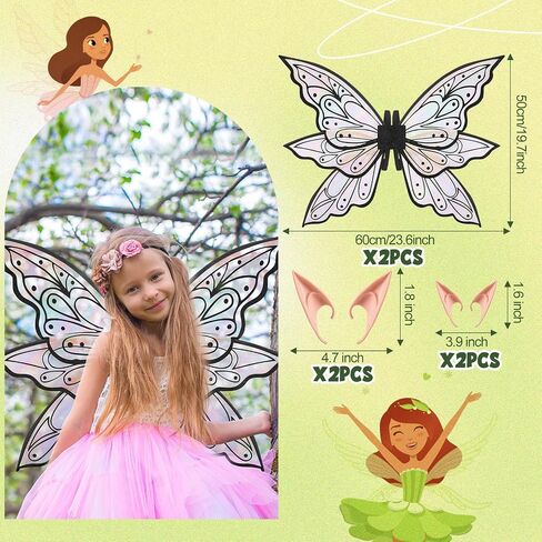2 Set Halloween Glitter Fairy Wings Mum Daughter Butterfly Wing with Elf Ears Fairy Costume for Girl Women in Saudi Arabia