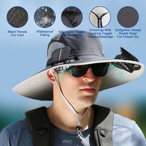 Men's Wide Brim Solar Fan Outdoor Fishing Hat, Wide Brim Solar Fan Outdoor Fishing Hat with 2 Solar Fan, Solar Fan Outdoor Fishing Hat Black in Saudi Arabia
