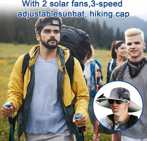 Men's Wide Brim Solar Fan Outdoor Fishing Hat, Wide Brim Solar Fan Outdoor Fishing Hat with 2 Solar Fan, Solar Fan Outdoor Fishing Hat Black in Saudi Arabia