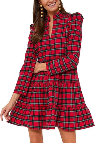 Women's Plaid Print Tunic Dress Long Sleeve V Neck Loose Shirt Dress Ruffle Hem Casual Swing Babydoll Dress in Saudi Arabia