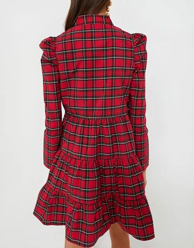 Women's Plaid Print Tunic Dress Long Sleeve V Neck Loose Shirt Dress Ruffle Hem Casual Swing Babydoll Dress in Saudi Arabia