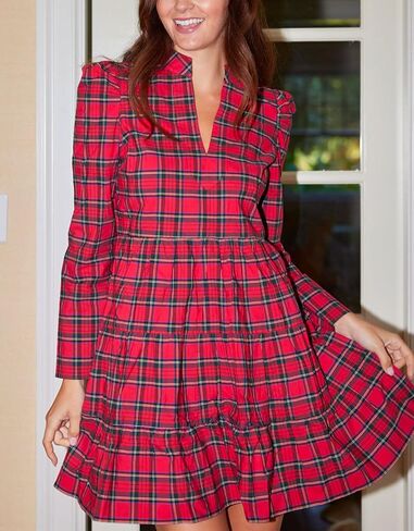 Women's Plaid Print Tunic Dress Long Sleeve V Neck Loose Shirt Dress Ruffle Hem Casual Swing Babydoll Dress in Saudi Arabia