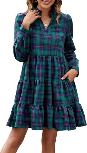 Women's Plaid Print Tunic Dress Long Sleeve V Neck Loose Shirt Dress Ruffle Hem Casual Swing Babydoll Dress in Saudi Arabia