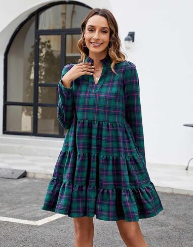 Women's Plaid Print Tunic Dress Long Sleeve V Neck Loose Shirt Dress Ruffle Hem Casual Swing Babydoll Dress in Saudi Arabia