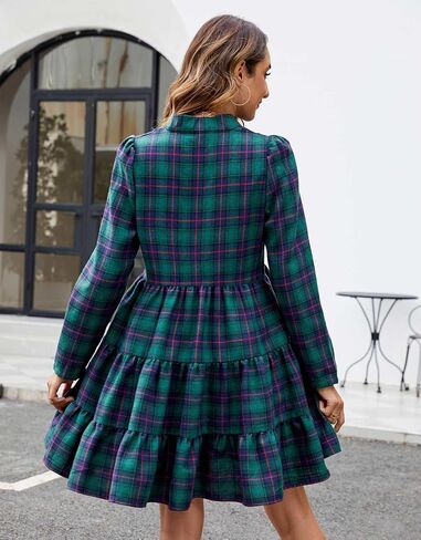 Women's Plaid Print Tunic Dress Long Sleeve V Neck Loose Shirt Dress Ruffle Hem Casual Swing Babydoll Dress in Saudi Arabia