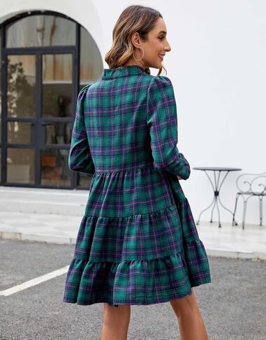 Women's Plaid Print Tunic Dress Long Sleeve V Neck Loose Shirt Dress Ruffle Hem Casual Swing Babydoll Dress in Saudi Arabia