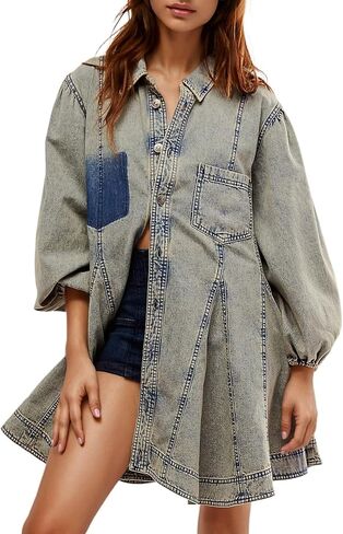 Gozoloma Women's Denim Dress Long Balloon Sleeves Button Down A Line Swing Ruffle Jean Mini Babydoll Dress with Chest Pocket in Kuwait