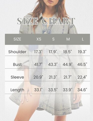 Gozoloma Women's Denim Dress Long Balloon Sleeves Button Down A Line Swing Ruffle Jean Mini Babydoll Dress with Chest Pocket in Kuwait