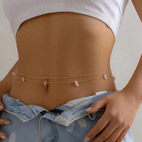 AVYRING سلسلة الخصر الذهبية للنساء داينتي بوهو الطبقات قابل للتعديل بيكيني الخرز سلسلة حزام اللؤلؤ حجر الراين حقيقية الوردي الشاطئ الحصى سلسلة البطن in Kuwait