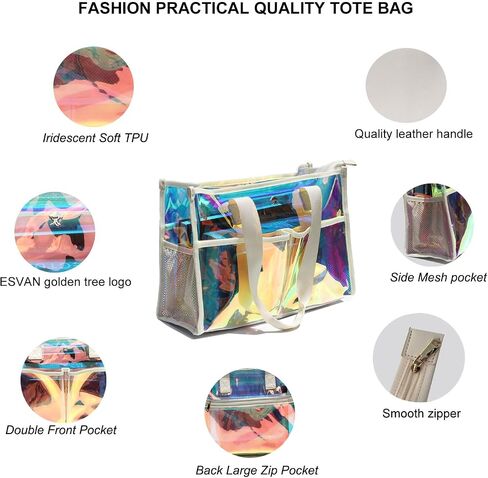 Iridescent Clear Tote Bag for Women, Waterproof Large Beach Tote Pool Swim Cruise Vacation Essentials in Saudi Arabia