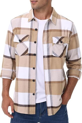 Cotrasen Mens Flannel Shirts Long Sleeve Flannel Shirt for Men Cotton Casual Button Up Plaid Shirt with 2 Pockets in Kuwait