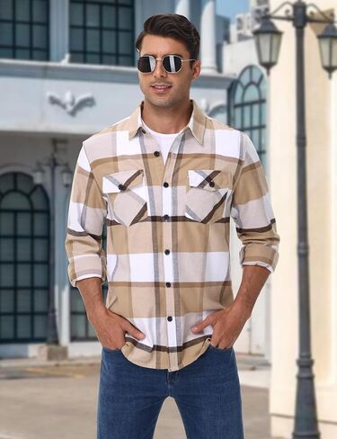 Cotrasen Mens Flannel Shirts Long Sleeve Flannel Shirt for Men Cotton Casual Button Up Plaid Shirt with 2 Pockets in Kuwait