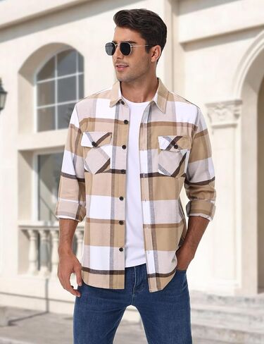 Cotrasen Mens Flannel Shirts Long Sleeve Flannel Shirt for Men Cotton Casual Button Up Plaid Shirt with 2 Pockets in Kuwait