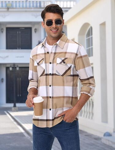 Cotrasen Mens Flannel Shirts Long Sleeve Flannel Shirt for Men Cotton Casual Button Up Plaid Shirt with 2 Pockets in Kuwait