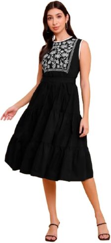 Women's Black Poplin Embroidered Yoke Fit & Flare Dress - Elegant Design,Summer Casual Wear- Ideal for Parties in Kuwait