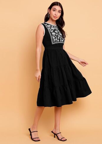 Women's Black Poplin Embroidered Yoke Fit & Flare Dress - Elegant Design,Summer Casual Wear- Ideal for Parties in Kuwait