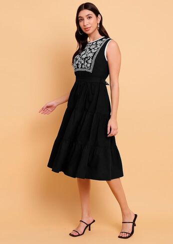 Women's Black Poplin Embroidered Yoke Fit & Flare Dress - Elegant Design,Summer Casual Wear- Ideal for Parties in Kuwait