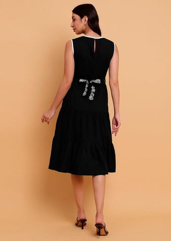 Women's Black Poplin Embroidered Yoke Fit & Flare Dress - Elegant Design,Summer Casual Wear- Ideal for Parties in Kuwait