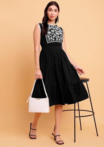 Women's Black Poplin Embroidered Yoke Fit & Flare Dress - Elegant Design,Summer Casual Wear- Ideal for Parties in Kuwait