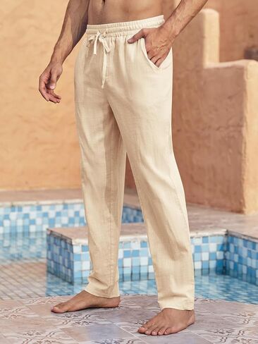 Mens Casual Linen Pants Loose Fit Elastic Drawstring Waist Straight-Legs Summer Yoga Beach Long Pants in Saudi Arabia