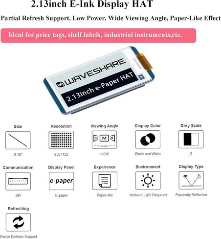 Waveshare 2.13inch E-Ink Display HAT 250x122 Pixel E-Paper for Raspberry Pi 5/4B/3B+/3B/2B/Zero W/WH/Zero 2 W/Jetson Nano SPI Interface, Black/White Two Display Colors, Support Partial Refresh in Saudi Arabia