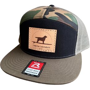 Laguna Beach Labradors Camo Flat Brim Trucker Hat, Mesh Snapback Baseball Cap with Custom Leather Patch, Military Green, Black, Tan, One Size. Labrador Retriever Lover in Saudi Arabia