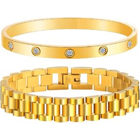 قطعتان من أساور الحب المطلية بالذهب عيار 18 قيراط للنساء، مجموعة أساور ساعة بسلسلة ذهبية، مجوهرات من الفولاذ المقاوم للصدأ غير مشوهة مع أداة قابلة للتعديل. in Kuwait