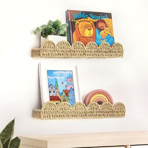 رف كتب الحضانة AELS Scalloped، مجموعة من 4، رف حافة للصور لديكور الحائط، أرفف عائمة من ورق القش المنسوج للكتب والألعاب وإطارات الصور والحضانة ورف كتب المزرعة الحديثة من Boho in Kuwait