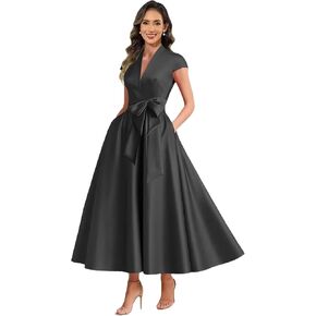 Tea Length Mother of The Bride Dresses for Wedding Cap Sleeves A Line Long Satin Formal Dress with Pockets Bow in Saudi Arabia