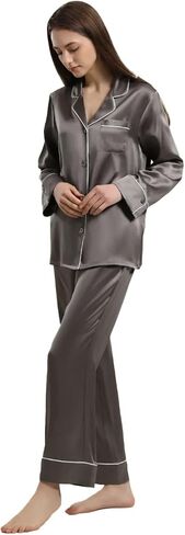 Women’s Silk Pajamas Set 100% Mulberry 22 Momme Classic Two Piece Silk Sleepwear with Piping in Saudi Arabia