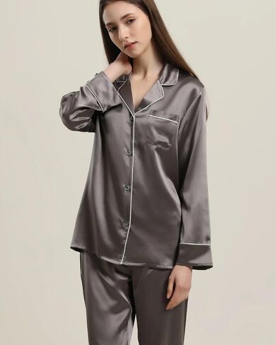 Women’s Silk Pajamas Set 100% Mulberry 22 Momme Classic Two Piece Silk Sleepwear with Piping in Saudi Arabia