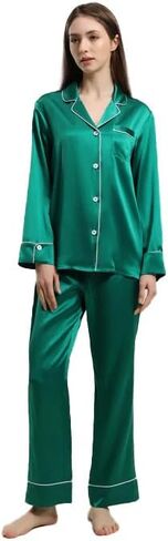 Women’s Silk Pajamas Set 100% Mulberry 22 Momme Classic Two Piece Silk Sleepwear with Piping in Saudi Arabia