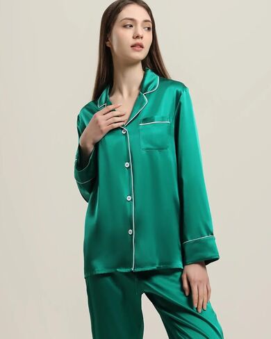 Women’s Silk Pajamas Set 100% Mulberry 22 Momme Classic Two Piece Silk Sleepwear with Piping in Saudi Arabia