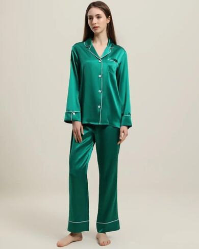 Women’s Silk Pajamas Set 100% Mulberry 22 Momme Classic Two Piece Silk Sleepwear with Piping in Saudi Arabia