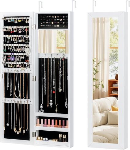 GOFLAME Jewelry Armoire خزانة مثبتة على الحائط، مرآة كاملة الطول 43.5 بوصة مع مساحة تخزين، مرآة داخلية وخطافات، صندوق مجوهرات، منظم تخزين المجوهرات الحديث للنساء والفتيات (أبيض) in Kuwait