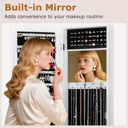 GOFLAME Jewelry Armoire خزانة مثبتة على الحائط، مرآة كاملة الطول 43.5 بوصة مع مساحة تخزين، مرآة داخلية وخطافات، صندوق مجوهرات، منظم تخزين المجوهرات الحديث للنساء والفتيات (أبيض) in Kuwait
