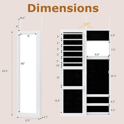 GOFLAME Jewelry Armoire خزانة مثبتة على الحائط، مرآة كاملة الطول 43.5 بوصة مع مساحة تخزين، مرآة داخلية وخطافات، صندوق مجوهرات، منظم تخزين المجوهرات الحديث للنساء والفتيات (أبيض) in Kuwait