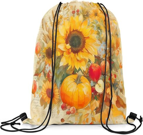 Vintage Sunflower Drawstring Bag 13"x16" Oil Painting Style Watercolor Pumpkin Draw String Backpack for Adults Men Women Red Apple Retro Floral Rustic Style Gym Sports Sackpack String Bag in Saudi Arabia