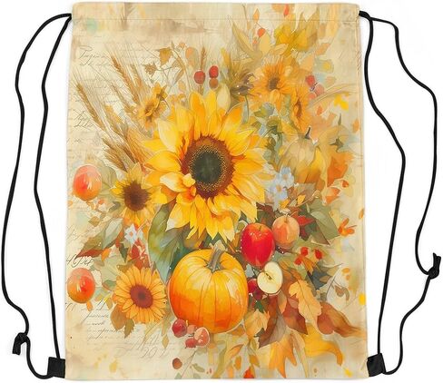 Vintage Sunflower Drawstring Bag 13"x16" Oil Painting Style Watercolor Pumpkin Draw String Backpack for Adults Men Women Red Apple Retro Floral Rustic Style Gym Sports Sackpack String Bag in Saudi Arabia