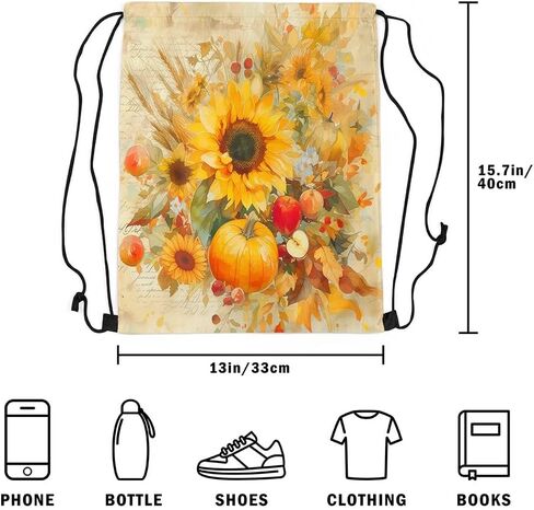 Vintage Sunflower Drawstring Bag 13"x16" Oil Painting Style Watercolor Pumpkin Draw String Backpack for Adults Men Women Red Apple Retro Floral Rustic Style Gym Sports Sackpack String Bag in Saudi Arabia