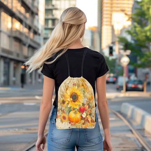 Vintage Sunflower Drawstring Bag 13"x16" Oil Painting Style Watercolor Pumpkin Draw String Backpack for Adults Men Women Red Apple Retro Floral Rustic Style Gym Sports Sackpack String Bag in Saudi Arabia