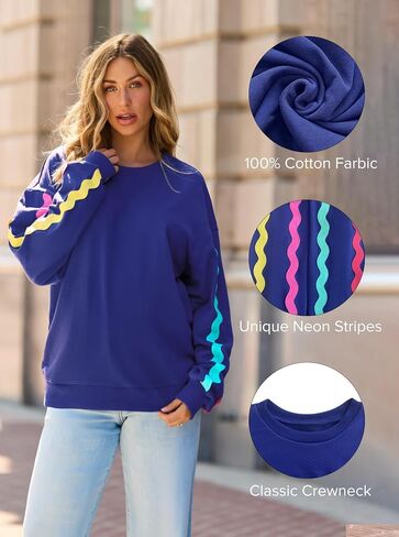 popvil Womens Crewneck Sweatshirts Oversized Neon Stripes Tops Casual Long Sleeve Pullover 2025 Fall Clothes in Saudi Arabia