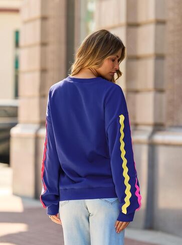 popvil Womens Crewneck Sweatshirts Oversized Neon Stripes Tops Casual Long Sleeve Pullover 2025 Fall Clothes in Saudi Arabia